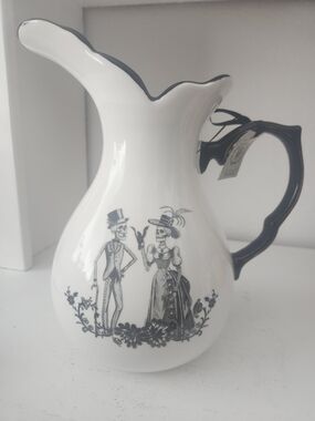 Mortar & Bone White Ceramic Pitcher with Black Victorian Skeleton Design